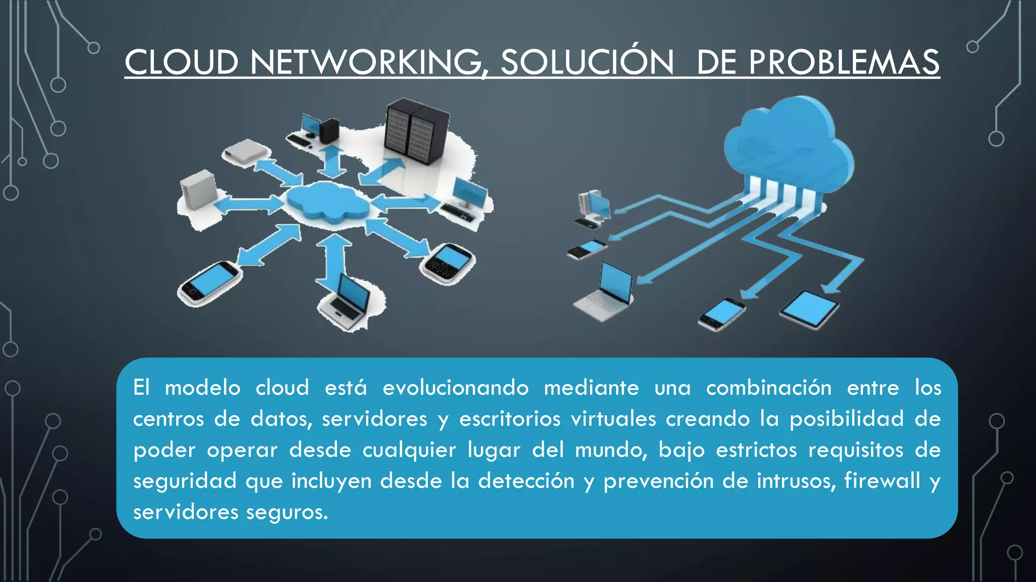 CLOUD NETWORKING, SOLUCIÓN DE PROBLEMAS
El modelo cloud está evolucionando mediante una combinación entre los
centros de datos, servidores y escritorios virtuales creando la posibilidad de
poder operar desde cualquier lugar del mundo, bajo estrictos requisitos de
seguridad que incluyen desde la detección y prevención de intrusos, firewall y
servidores seguros.
 