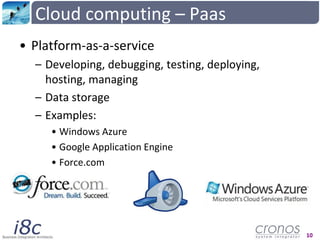 Cloud computing – Paas<br />Platform-as-a-service<br />Developing, debugging, testing, deploying, hosting, managing<br />D...