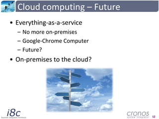 Cloudcomputing – Future<br />Everything-as-a-service<br />No more on-premises<br />Google-Chrome Computer<br />Future?<br ...