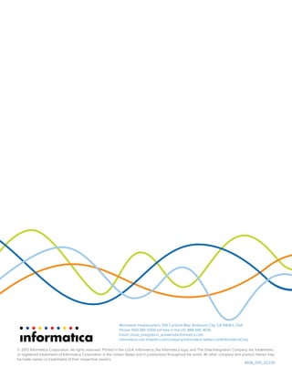 Worldwide Headquarters, 100 Cardinal Way, Redwood City, CA 94063, USA
Phone: 650 385 5000 toll-free in the US: 888 345 4639
Email: cloud_integration_answers@informatica.com
informatica.com linkedin.com/company/informatica twitter.com/InformaticaCorp
© 2012 Informatica Corporation. All rights reserved. Printed in the U.S.A. Informatica, the Informatica logo, and The Data Integration Company are trademarks
or registered trademarks of Informatica Corporation in the United States and in jurisdictions throughout the world. All other company and product names may
be trade names or trademarks of their respective owners.
IN08_0113_02339
 