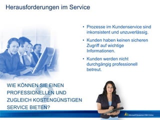 Herausforderungen im Service


                           • Prozesse im Kundenservice sind
                             inkonsistent und unzuverlässig.
                           • Kunden haben keinen sicheren
                             Zugriff auf wichtige
                             Informationen.
                           • Kunden werden nicht
                             durchgängig professionell
                             betreut.


WIE KÖNNEN SIE EINEN
PROFESSIONELLEN UND
ZUGLEICH KOSTENGÜNSTIGEN
SERVICE BIETEN?
 