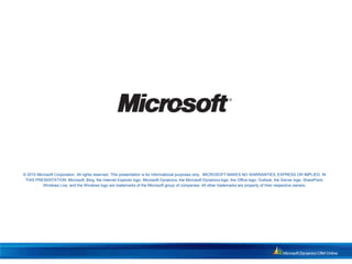 © 2010 Microsoft Corporation. All rights reserved. This presentation is for informational purposes only. MICROSOFT MAKES NO WARRANTIES, EXPRESS OR IMPLIED, IN
 THIS PRESENTATION. Microsoft, Bing, the Internet Explorer logo, Microsoft Dynamics, the Microsoft Dynamics logo, the Office logo, Outlook, the Server logo, SharePoint,
          Windows Live, and the Windows logo are trademarks of the Microsoft group of companies. All other trademarks are property of their respective owners.
 
