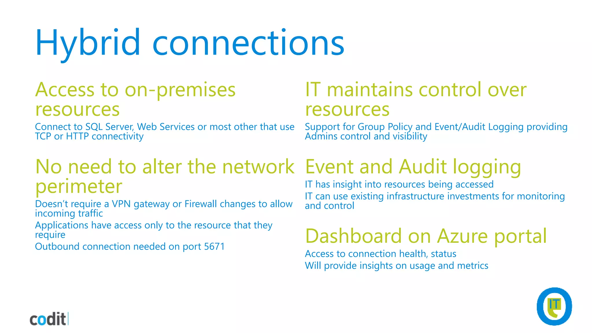 Hybrid connections
Access to on-premises
resources
Connect to SQL Server, Web Services or most other that use
TCP or HTTP connectivity
No need to alter the network
perimeter
Doesn’t require a VPN gateway or Firewall changes to allow
incoming traffic
Applications have access only to the resource that they
require
Outbound connection needed on port 5671
IT maintains control over
resources
Support for Group Policy and Event/Audit Logging providing
Admins control and visibility
Event and Audit logging
IT has insight into resources being accessed
IT can use existing infrastructure investments for monitoring
and control
Dashboard on Azure portal
Access to connection health, status
Will provide insights on usage and metrics
 