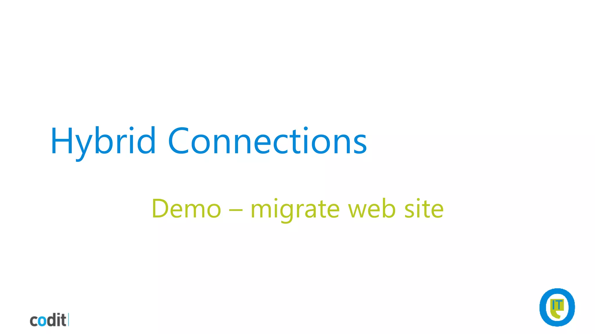 Hybrid Connections
Demo – migrate web site
 