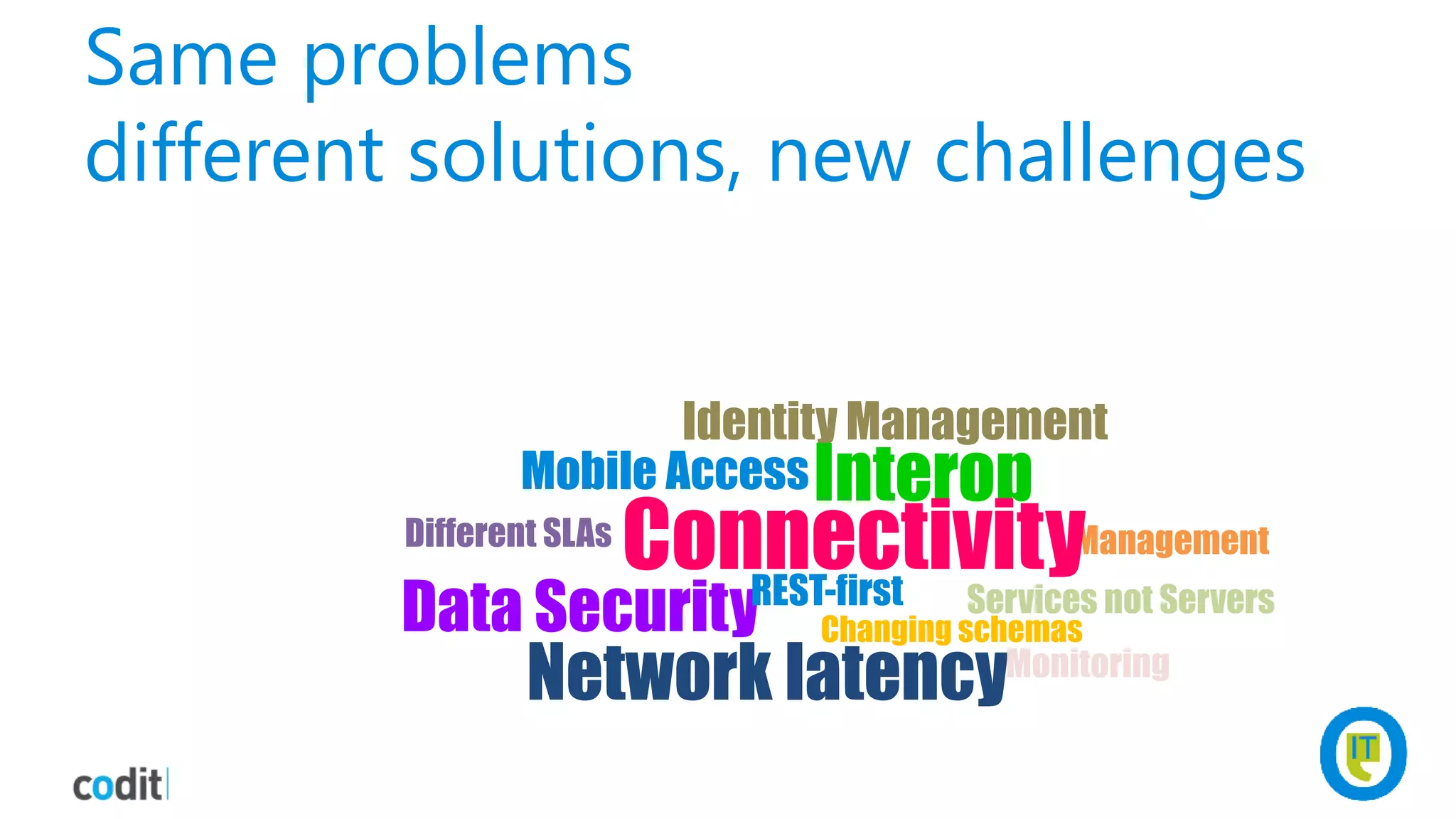 Same problems
different solutions, new challenges
Network latency
Identity Management
Different SLAs
Data Security
Monitoring
Management
Mobile AccessInterop
Changing schemas
Services not Servers
ConnectivityREST-first
 