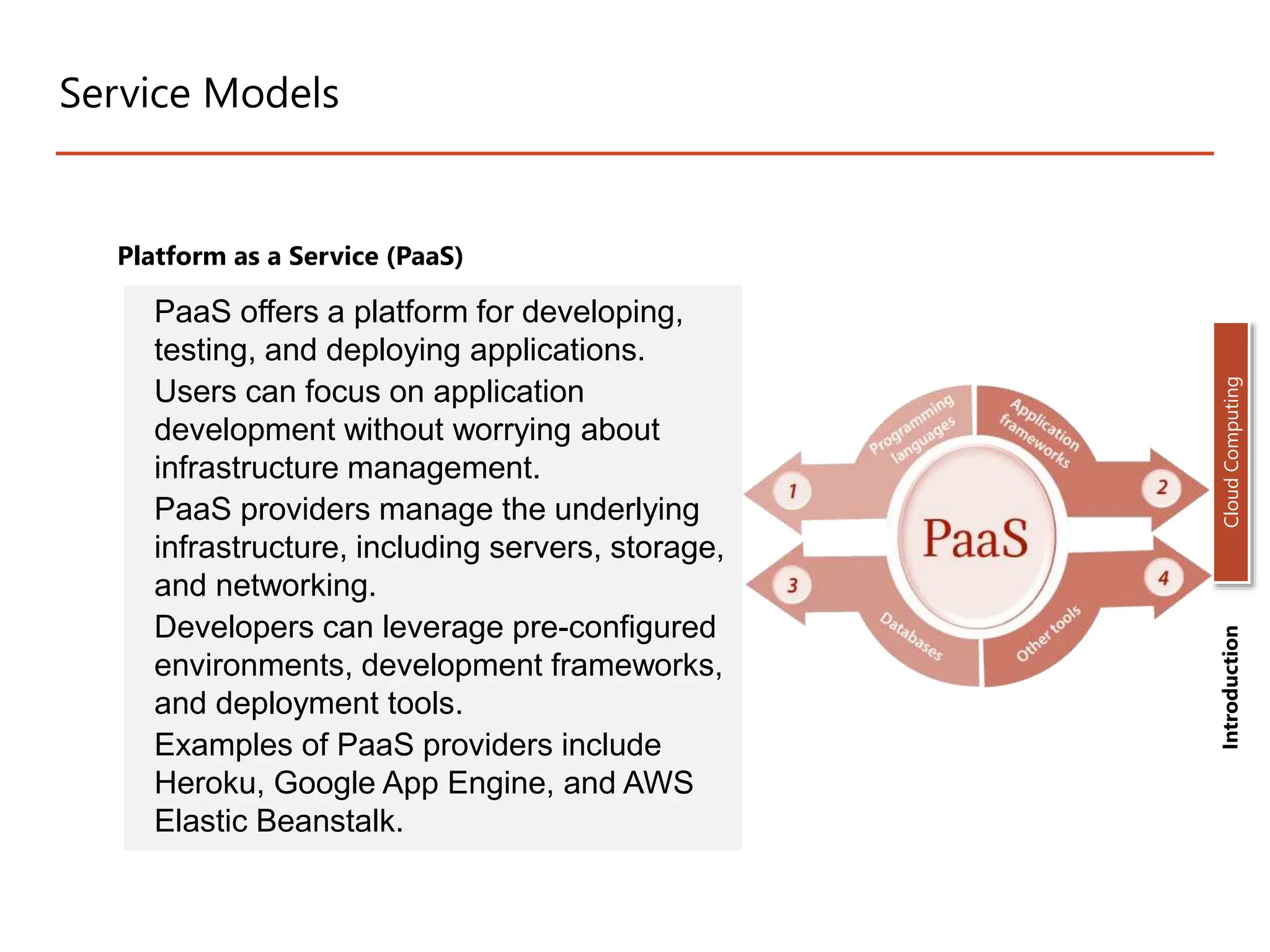 Service Models
Platform as a Service (PaaS)
PaaS offers a platform for developing,
testing, and deploying applications.
Users can focus on application
development without worrying about
infrastructure management.
PaaS providers manage the underlying
infrastructure, including servers, storage,
and networking.
Developers can leverage pre-configured
environments, development frameworks,
and deployment tools.
Examples of PaaS providers include
Heroku, Google App Engine, and AWS
Elastic Beanstalk.
Introduction
Cloud
Computing
 
