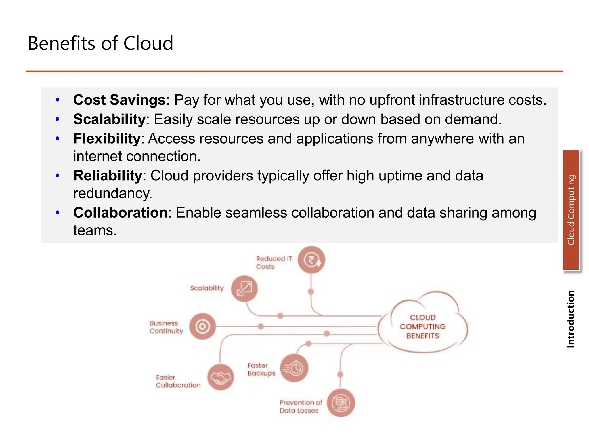 Benefits of Cloud
• Cost Savings: Pay for what you use, with no upfront infrastructure costs.
• Scalability: Easily scale resources up or down based on demand.
• Flexibility: Access resources and applications from anywhere with an
internet connection.
• Reliability: Cloud providers typically offer high uptime and data
redundancy.
• Collaboration: Enable seamless collaboration and data sharing among
teams.
Introduction
Cloud
Computing
 