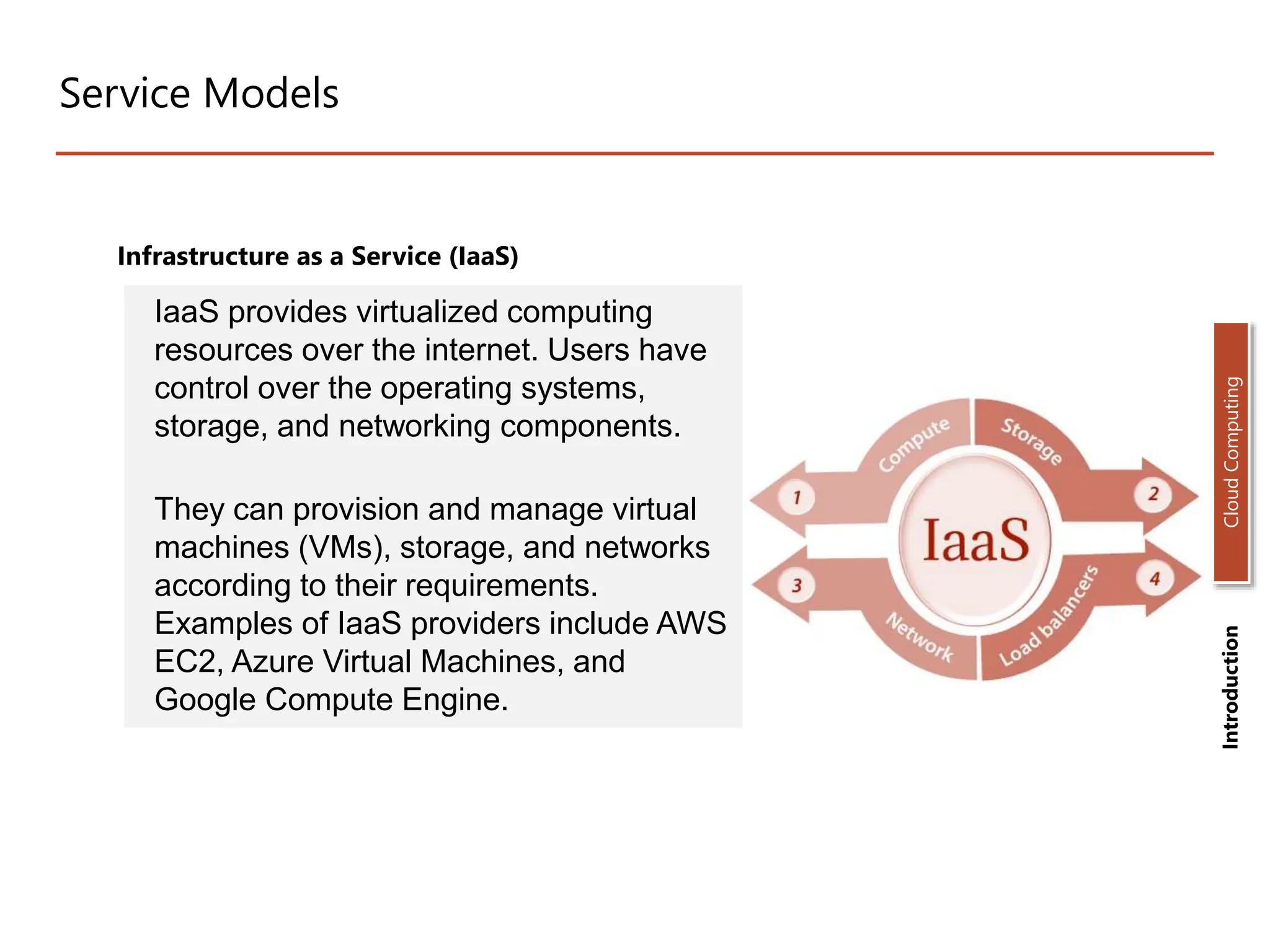 Service Models
Infrastructure as a Service (IaaS)
IaaS provides virtualized computing
resources over the internet. Users have
control over the operating systems,
storage, and networking components.
They can provision and manage virtual
machines (VMs), storage, and networks
according to their requirements.
Examples of IaaS providers include AWS
EC2, Azure Virtual Machines, and
Google Compute Engine.
Introduction
Cloud
Computing
 