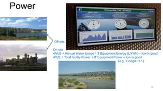 Power
Off-site
On-site
•WUE = Annual Water Usage / IT Equipment Energy (L/kWh) – low is good
•PUE = Total facility Power / IT Equipment Power – low is good
(e.g., Google~1.1)
20
 