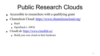 Public Research Clouds
• Accessible to researchers with a qualifying grant
• Chameleon Cloud: https://www.chameleoncloud.org/
• HaaS
• OpenStack (~AWS)
• CloudLab: https://www.cloudlab.us/
• Build your own cloud on their hardware
32
 