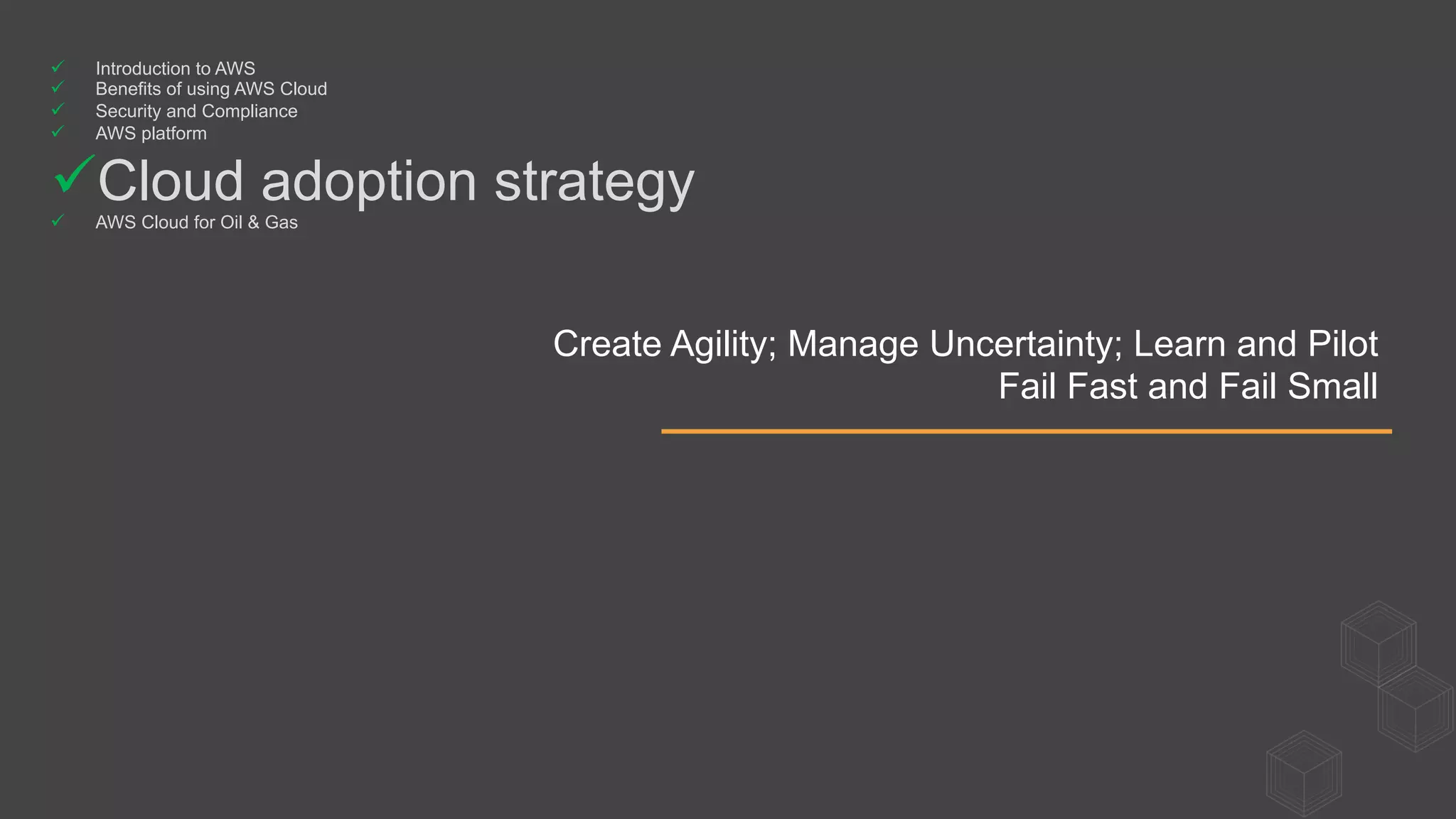 Create Agility; Manage Uncertainty; Learn and Pilot
Fail Fast and Fail Small
ü  Introduction to AWS
ü  Benefits of using AWS Cloud
ü  Security and Compliance
ü  AWS platform
ü Cloud adoption strategy
ü  AWS Cloud for Oil & Gas
 