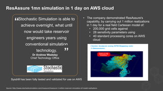 Stochastic Simulation is able to
achieve overnight, what until
now would take reservoir
engineers years using
conventional simulation
technology.
Dr Andrew Wadsley
Chief Technology Office
”
“
•  The company demonstrated ResAssure's
capability, by carrying out 1 million realizations
in 1 day for a real field Cartesian model of:
•  200,000 grid cells against
•  28 sensitivity parameters using
•  40 standard processing cores on AWS
cloud
ResAssure 1mn simulation in 1 day on AWS cloud
Sysdrill has been fully tested and validated for use on AWS
Source:	
  hQp://www.stochas)csimula)on.com/resassure/resassure-­‐1-­‐million-­‐reservoir-­‐simula)on-­‐of-­‐model-­‐realisa)ons	
  
 