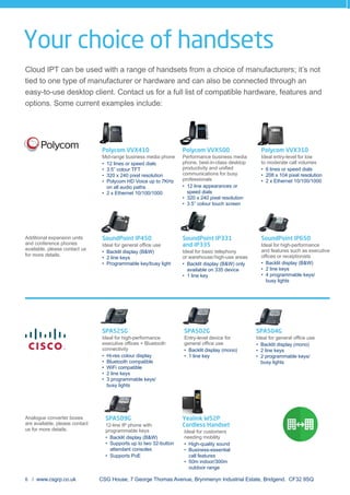 Your choice of handsets
Cloud IPT can be used with a range of handsets from a choice of manufacturers; it’s not
tied to one type of manufacturer or hardware and can also be connected through an
easy-to-use desktop client. Contact us for a full list of compatible hardware, features and
options. Some current examples include:
Polycom VVX410
Mid-range business media phone
12 lines or speed dials
3.5” colour TFT
320 x 240 pixel resolution
Polycom HD Voice up to 7KHz
on all audio paths
2 x Ethernet 10/100/1000
Polycom VVX500
Performance business media
phone, best-in-class desktop
communications for busy
professionals
12 line appearances or
speed dials
320 x 240 pixel resolution
3.5’’ colour touch screen
Polycom VVX310
Ideal entry-level for low
to moderate call volumes
6 lines or speed dials
208 x 104 pixel resolution
2 x Ethernet 10/100/1000
SPA525G
Ideal for high-performance
connectivity
Hi-res colour display
Bluetooth compatible
WiFi compatible
2 line keys
3 programmable keys/
busy lights
SPA502G
Entry-level device for
Backlit display (mono)
1 line key
SPA504G
Backlit display (mono)
2 line keys
2 programmable keys/
busy lights
Additional expansion units
and conference phones
available, please contact us
for more details.
SoundPoint IP450
Backlit display (B&W)
2 line keys
Programmable key/busy light
SoundPoint IP331
and IP335
Ideal for basic telephony
or warehouse/high-use areas
Backlit display (B&W) only
available on 335 device
1 line key
SoundPoint IP650
Ideal for high-performance
and features such as executive
Backlit display (B&W)
2 line keys
4 programmable keys/
busy lights
Analogue converter boxes
are available, please contact
us for more details.
SPA509G
12-line IP phone with
programmable keys
Backlit display (B&W)
Supports up to two 32-button
attendant consoles
Supports PoE
Yealink W52P
Cordless Handset
Ideal for customers
needing mobility
High-quality sound
Business-essential
call features
50m indoor/300m
outdoor range
6 / www.csgrp.co.uk CSG House, 7 George Thomas Avenue, Brynmenyn Industrial Estate, Bridgend. CF32 9SQ
 