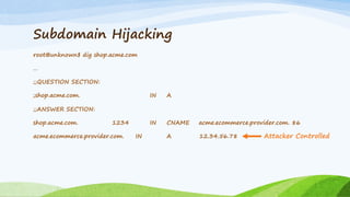Subdomain Hijacking
root@unknown$ dig shop.acme.com
…
;;QUESTION SECTION:
;shop.acme.com. IN A
;;ANSWER SECTION:
shop.acme.com. 1234 IN CNAME acme.ecommerce.provider.com. 86
acme.ecommerce.provider.com. IN A 12.34.56.78 Attacker Controlled
 
