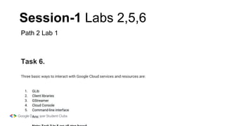 Session-1 Labs 2,5,6
Task 6.
Three basic ways to interact with Google Cloud services and resources are:
1. GLib
2. Client libraries
3. GStreamer
4. Cloud Console
5. Command-line interface
Ans:
Path 2 Lab 1
 