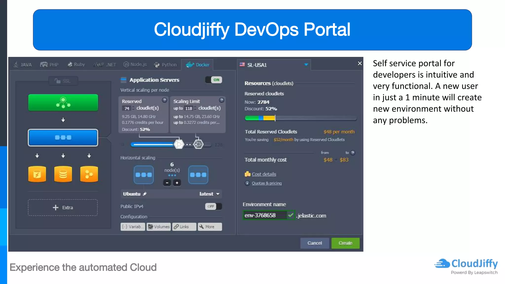 Experience the automated Cloud
Cloudjiffy DevOps Portal
Self service portal for
developers is intuitive and
very functional. A new user
in just a 1 minute will create
new environment without
any problems.
 
