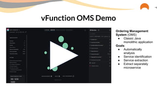 Ordering Management
System (OMS)
● Classic Java
monolithic application
Goals:
● Automatically
analysis
● Service identification
● Service extraction
● Extract separately
microservice
vFunction OMS Demo
 