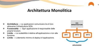 Architettura Monolitica
❖ Architettura → Le applicazioni comunicano tra di loro
attraverso l’infrastruttura SOA.
❖ Funzionalità → Ogni applicazione è responsabile delle
proprie funzioni.
❖ Limite → La scalabilità è relativa all’applicazione e non alla
funzione.
❖ Limite → L’elemento minimo di deploy è l’applicazione.
 