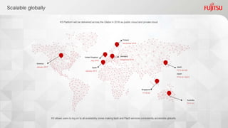 Scalable globally
K5 Platform will be delivered across the Globe in 2016 as public cloud and private cloud
K5 allows users to log on to all availabilityzones making IaaS and PaaS services consistently accessible globally
United Kingdom
July 2016
Finland
November 2016
America
January 2017 Japan
FY15 Q3 AZI
Japan
FY16 Q1 AZ2/3
Spain
January 2017
Germany
December 2016
Singapore
FY16 Q4
Australia
FY17 H1
 