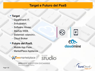 Target e Futuro del PaaS


             Target
             - Dipartimenti IT,
             - Sviluppatori,
             - Software House,
             - StartUp WEB,
             - Sistemisti «stanchi»,
             - Cloud Broker

             Futuro del PaaS.
             - Mobile App Paas,
             - MarketPlace Appliance




Page  20
 