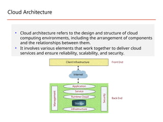 Cloud Architecture
• Cloud architecture refers to the design and structure of cloud
computing environments, including the arrangement of components
and the relationships between them.
• It involves various elements that work together to deliver cloud
services and ensure reliability, scalability, and security.
 