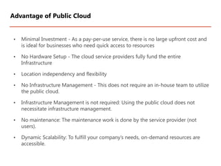 • Minimal Investment - As a pay-per-use service, there is no large upfront cost and
is ideal for businesses who need quick access to resources
• No Hardware Setup - The cloud service providers fully fund the entire
Infrastructure
• Location independency and flexibility
• No Infrastructure Management - This does not require an in-house team to utilize
the public cloud.
• Infrastructure Management is not required: Using the public cloud does not
necessitate infrastructure management.
• No maintenance: The maintenance work is done by the service provider (not
users).
• Dynamic Scalability: To fulfill your company’s needs, on-demand resources are
accessible.
Advantage of Public Cloud
 