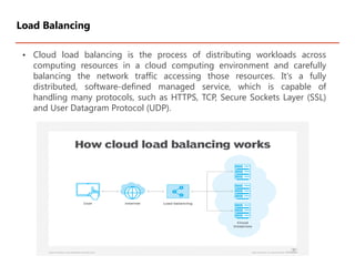 • Cloud load balancing is the process of distributing workloads across
computing resources in a cloud computing environment and carefully
balancing the network traffic accessing those resources. It's a fully
distributed, software-defined managed service, which is capable of
handling many protocols, such as HTTPS, TCP, Secure Sockets Layer (SSL)
and User Datagram Protocol (UDP).
Load Balancing
 