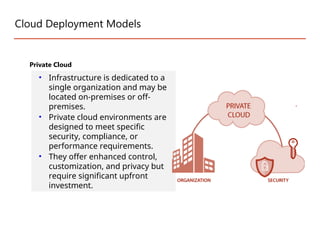 Cloud Deployment Models
Private Cloud
• Infrastructure is dedicated to a
single organization and may be
located on-premises or off-
premises.
• Private cloud environments are
designed to meet specific
security, compliance, or
performance requirements.
• They offer enhanced control,
customization, and privacy but
require significant upfront
investment.
 