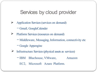 Services by cloud provider
Application Services (services on demand)
– Gmail, GoogleCalender
Platform Services (resources on demand)
– Middleware, Messaging, Information, connectivity etc
– Google Appengine
Infrastructure Services (physical assets as services)
– IBM Bluehouse, VMware, Amazon
EC2, Microsoft Azure Platform.
 