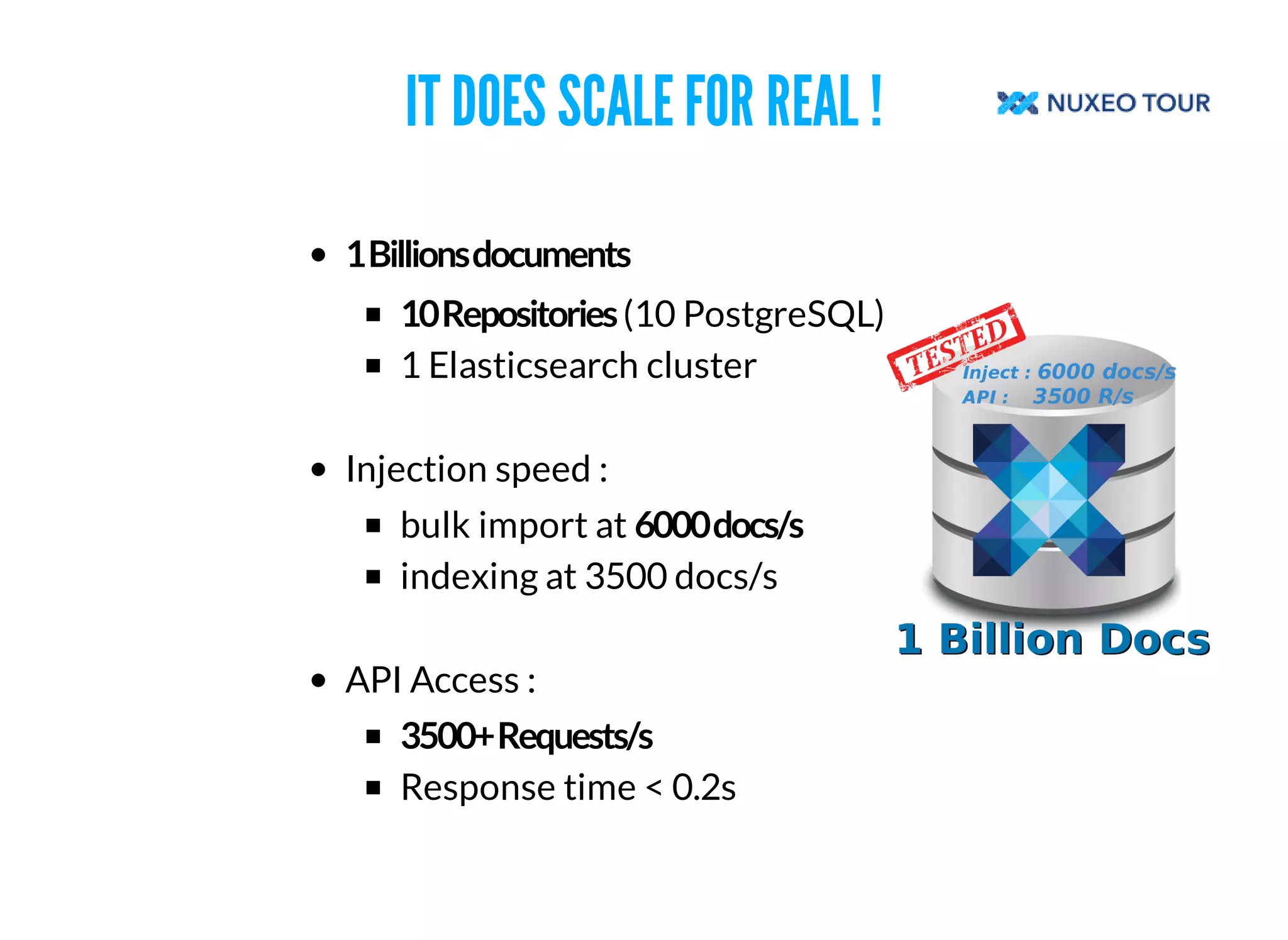 IT DOES SCALE FOR REAL ! 
(10 PostgreSQL) 
1 Elasticsearch cluster 
Injection speed : 
bulk import at 
indexing at 3500 docs/s 
API Access : 
Response time < 0.2s 
 