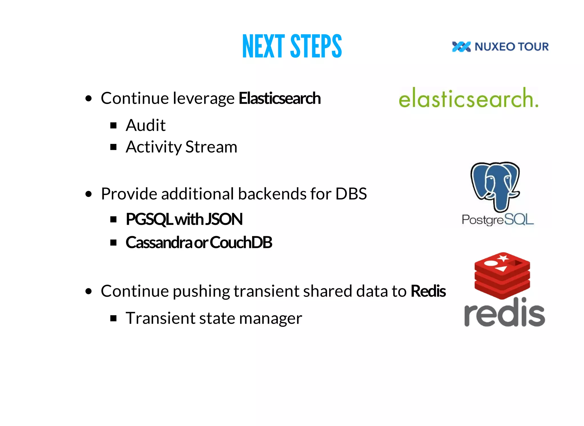 NEXT STEPS 
Continue leverage 
Audit 
Activity Stream 
Provide additional backends for DBS 
Continue pushing transient shared data to 
Transient state manager 
 