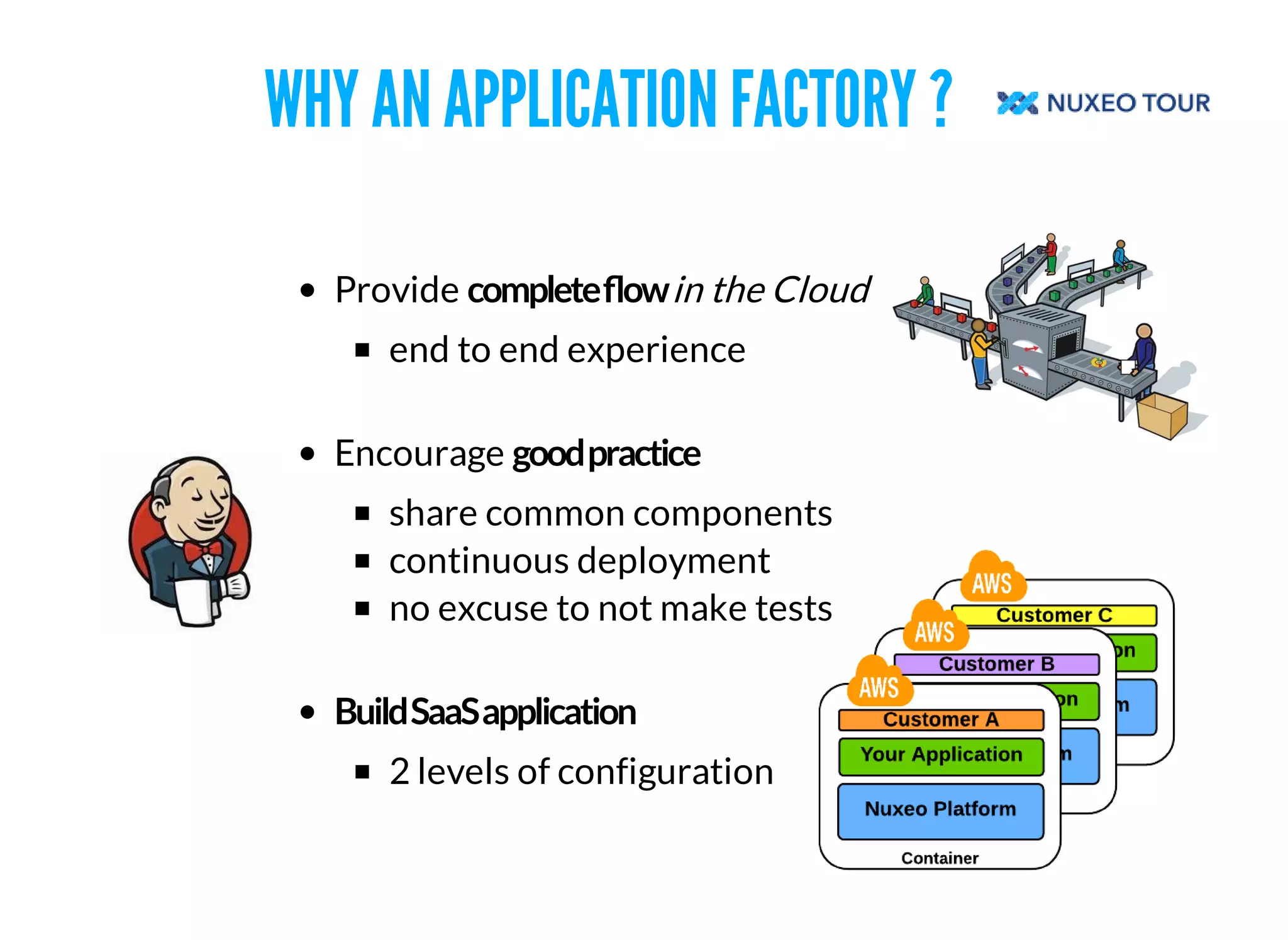 WHY AN APPLICATION FACTORY ? 
Provide in the Cloud 
end to end experience 
Encourage 
share common components 
continuous deployment 
no excuse to not make tests 
2 levels of configuration 
 