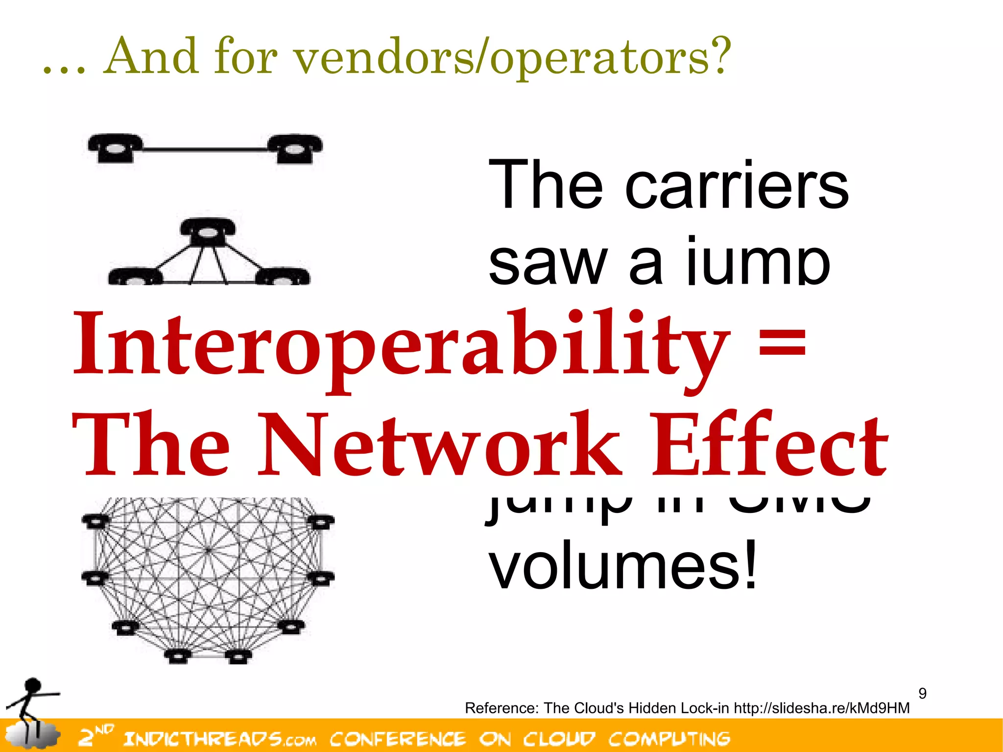 … And for vendors/operators?

           The carriers
           saw a jump
 Interoperability =
           of 250% to
           900% of
 The Network Effect
           jump in SMS
           volumes!
                                                                                   9
                 Reference: The Cloud's Hidden Lock-in http://slidesha.re/kMd9HM
 