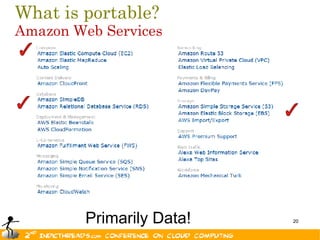 What is portable?
Amazon Web Services




         Primarily Data!   20
 