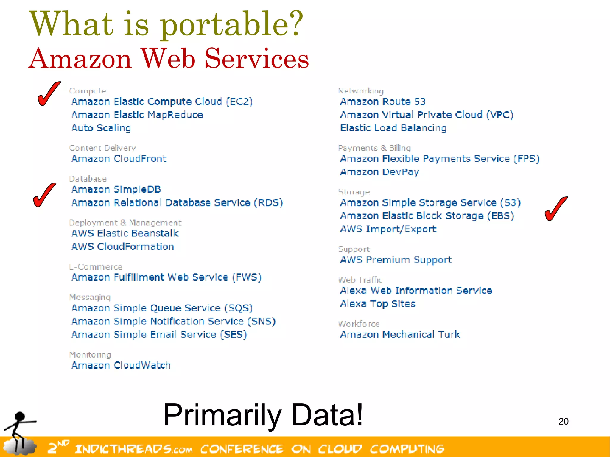What is portable?
Amazon Web Services




         Primarily Data!   20
 