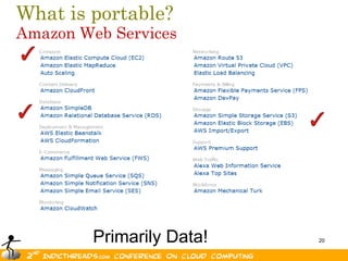 What is portable?
Amazon Web Services




         Primarily Data!   20
 