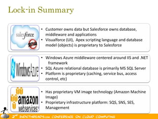 Lock-in Summary

       • Customer owns data but Salesforce owns database,
         middleware and applications
       • Visualforce (UI), Apex scripting language and database
         model (objects) is proprietary to Salesforce

       • Windows Azure middleware centered around IIS and .NET
          framework
       • SQL Azure relational database is primarily MS SQL Server
       • Platform is proprietary (caching, service bus, access
         control, etc)

       • Has proprietary VM image technology (Amazon Machine
         Image)
       • Proprietary infrastructure platform: SQS, SNS, SES,
         Management                                          21
 