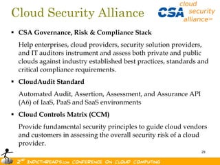 Cloud Security Alliance
 CSA Governance, Risk & Compliance Stack
  Help enterprises, cloud providers, security solution providers,
  and IT auditors instrument and assess both private and public
  clouds against industry established best practices, standards and
  critical compliance requirements.
 CloudAudit Standard
  Automated Audit, Assertion, Assessment, and Assurance API
  (A6) of IaaS, PaaS and SaaS environments
 Cloud Controls Matrix (CCM)
  Provide fundamental security principles to guide cloud vendors
  and customers in assessing the overall security risk of a cloud
  provider.
                                                                29
 