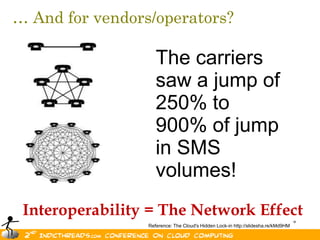 … And for vendors/operators?

                    The carriers
                    saw a jump of
                    250% to
                    900% of jump
                    in SMS
                    volumes!
 Interoperability = The Network Effect                                             9
                 Reference: The Cloud's Hidden Lock-in http://slidesha.re/kMd9HM
 