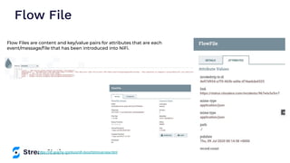 Flow File
https://nifi.apache.org/docs/nifi-docs/html/overview.html
Flow Files are content and key/value pairs for attributes that are each
event/message/ﬁle that has been introduced into NiFi.
 