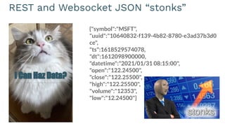 I Can Haz Data?
REST and Websocket JSON “stonks”
{"symbol":"MSFT",
"uuid":"10640832-f139-4b82-8780-e3ad37b3d0
ce",
"ts":1618529574078,
"dt":1612098900000,
"datetime":"2021/01/31 08:15:00",
"open":"122.24500",
"close":"122.25500",
"high":"122.25500",
"volume":"12353",
"low":"12.24500"}
 
