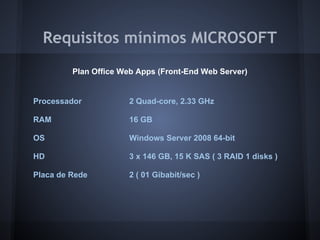 Requisitos mínimos MICROSOFT
         Plan Office Web Apps (Front-End Web Server)


Processador           2 Quad-core, 2.33 GHz

RAM                   16 GB

OS                    Windows Server 2008 64-bit

HD                    3 x 146 GB, 15 K SAS ( 3 RAID 1 disks )

Placa de Rede         2 ( 01 Gibabit/sec )
 