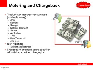 Metering and Chargeback  Track/meter resource consumption (available today) CPU Memory Storage Network Bandwidth Service Application Time Data Tranferred And more Rich reporting Current and historical Chargeback business users based on administrator defined charge plan IT Users Coming Soon 