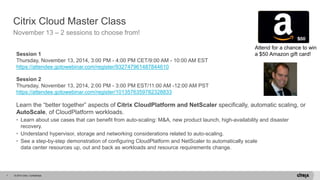 Citrix Cloud Master Class 
November 13 – 2 sessions to choose from! 
Session 1 
Thursday, November 13, 2014, 3:00 PM - 4:00 PM CET/9:00 AM - 10:00 AM EST 
https://attendee.gotowebinar.com/register/932747961487844610 
Session 2 
Thursday, November 13, 2014, 2:00 PM - 3:00 PM EST/11:00 AM -12:00 AM PST 
https://attendee.gotowebinar.com/register/1013576359782328833 
Learn the “better together” aspects of Citrix CloudPlatform and NetScaler specifically, automatic scaling, or 
AutoScale, of CloudPlatform workloads. 
• Learn about use cases that can benefit from auto-scaling: M&A, new product launch, high-availability and disaster 
recovery. 
• Understand hypervisor, storage and networking considerations related to auto-scaling. 
• See a step-by-step demonstration of configuring CloudPlatform and NetScaler to automatically scale 
data center resources up, out and back as workloads and resource requirements change. 
1 © 2014 Citrix. Confidential. 
Attend for a chance to win 
a $50 Amazon gift card! 
