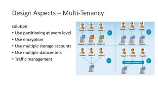 Design Aspects – Multi-Tenancy
solution:
• Use partitioning at every level
• Use encryption
• Use multiple storage accounts
• Use multiple datacenters
• Traffic management
 