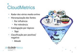 CloudMetrics
                                          REDES
                                         SOCIAIS       MEDIA
• Radar dos vários media online                        ONLINE

• Hierarquização das fontes                                TELETEXTO
                                  BLOG
   • Por influência                UES
                                                                TV

   • Por relevância                                SITES

• Catalogação por tópicos
   • Tags
• Classificação por positivo/
  negativo
   • Moods
 