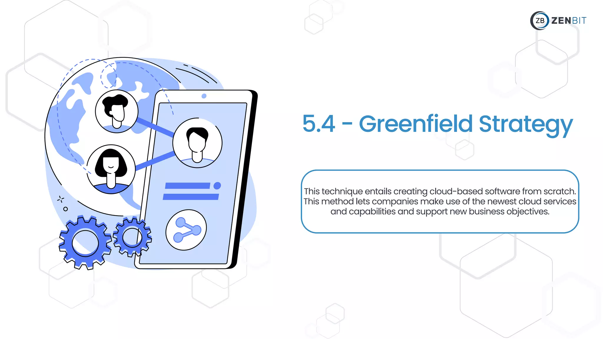 This technique entails creating cloud-based software from scratch.
This method lets companies make use of the newest cloud services
and capabilities and support new business objectives.
5.4 - Greenfield Strategy
 