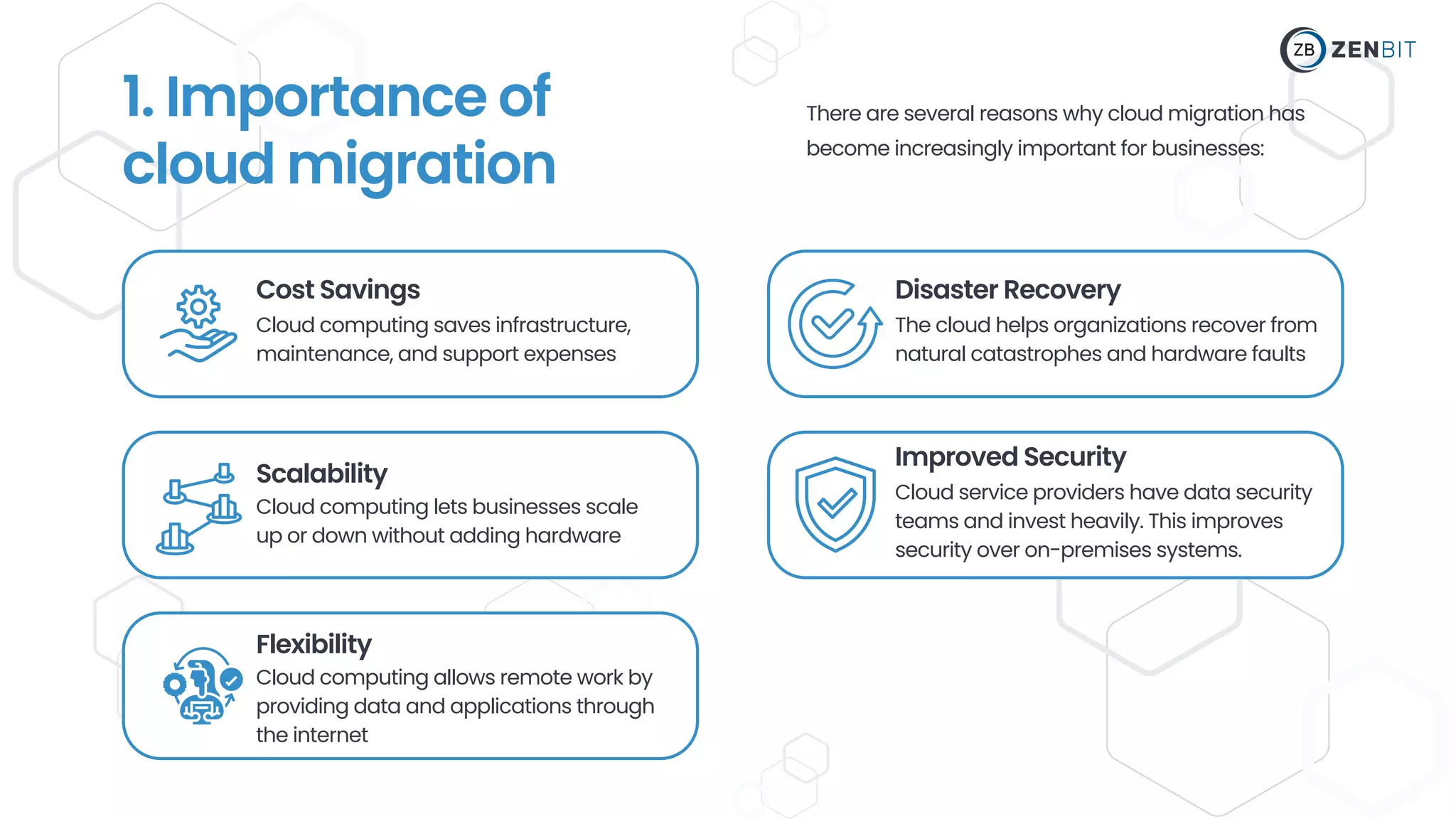 Cost Savings
Cloud computing saves infrastructure,
maintenance, and support expenses
Scalability
Cloud computing lets businesses scale
up or down without adding hardware
Disaster Recovery
Improved Security
The cloud helps organizations recover from
natural catastrophes and hardware faults
Cloud service providers have data security
teams and invest heavily. This improves
security over on-premises systems.
1. Importance of
cloud migration
There are several reasons why cloud migration has
become increasingly important for businesses:
Flexibility
Cloud computing allows remote work by
providing data and applications through
the internet
 