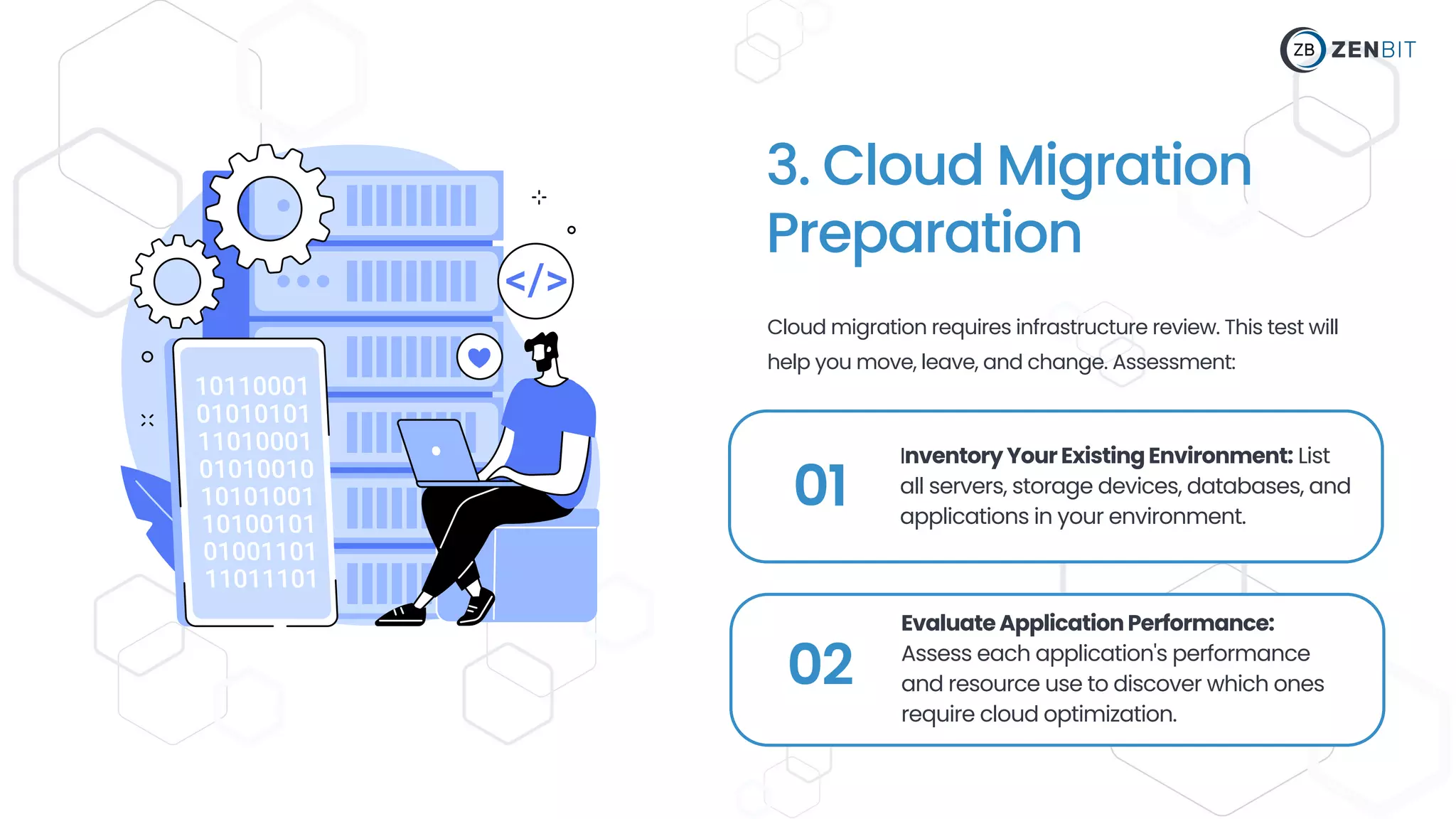 3. Cloud Migration
Preparation
Cloud migration requires infrastructure review. This test will
help you move, leave, and change. Assessment:
01
InventoryYourExistingEnvironment: List
all servers, storage devices, databases, and
applications in your environment.
02
EvaluateApplicationPerformance:
Assess each application's performance
and resource use to discover which ones
require cloud optimization.
 