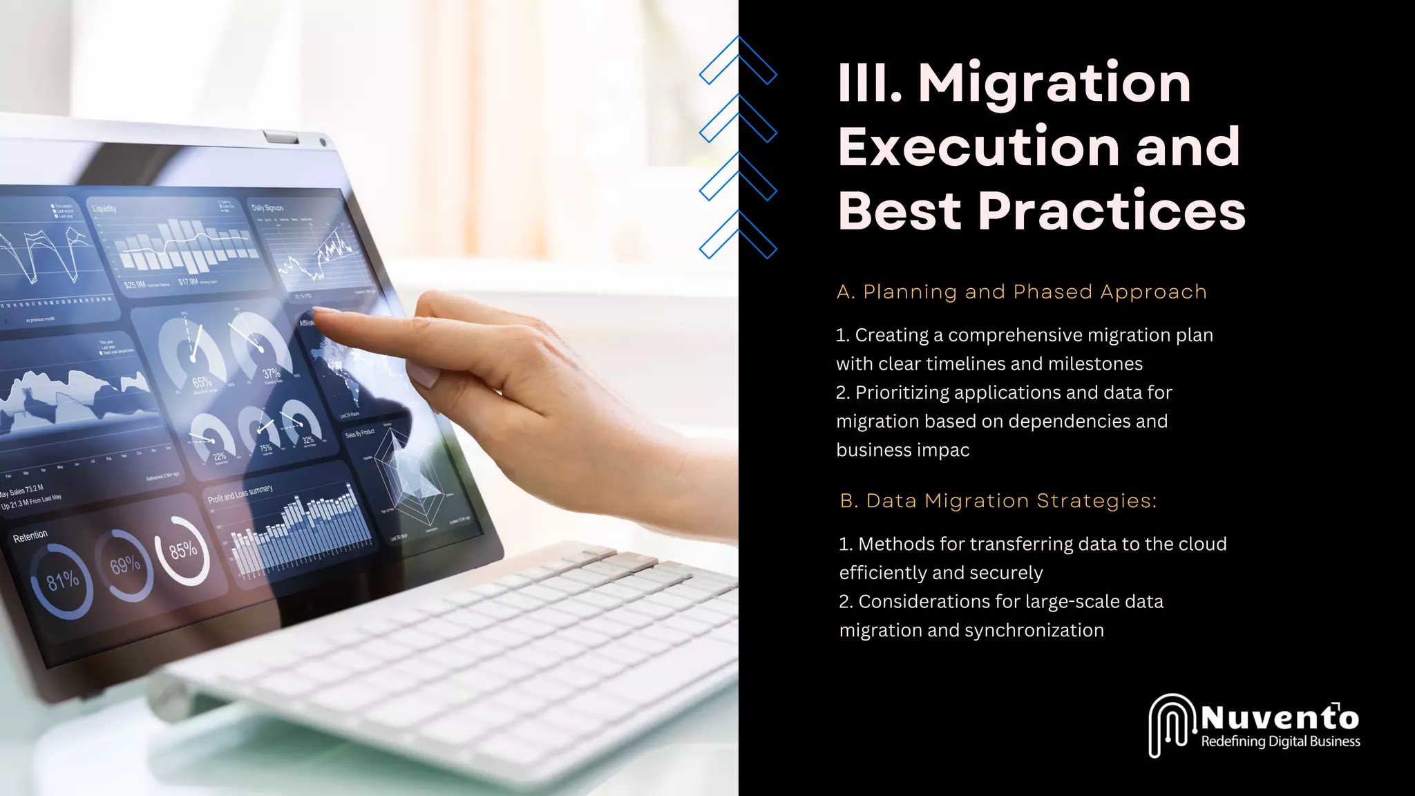 III. Migration
Execution and
Best Practices
A. Planning and Phased Approach
1. Creating a comprehensive migration plan
with clear timelines and milestones
2. Prioritizing applications and data for
migration based on dependencies and
business impac
B. Data Migration Strategies:
1. Methods for transferring data to the cloud
efficiently and securely
2. Considerations for large-scale data
migration and synchronization
 